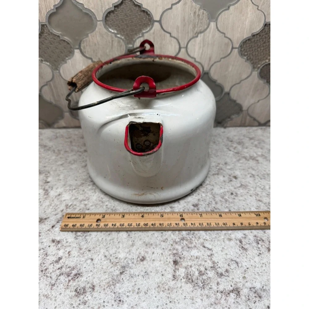 Vintage White Enamelware Tea Kettle Red Rim Wood Handle Primitive Farmhouse Deco